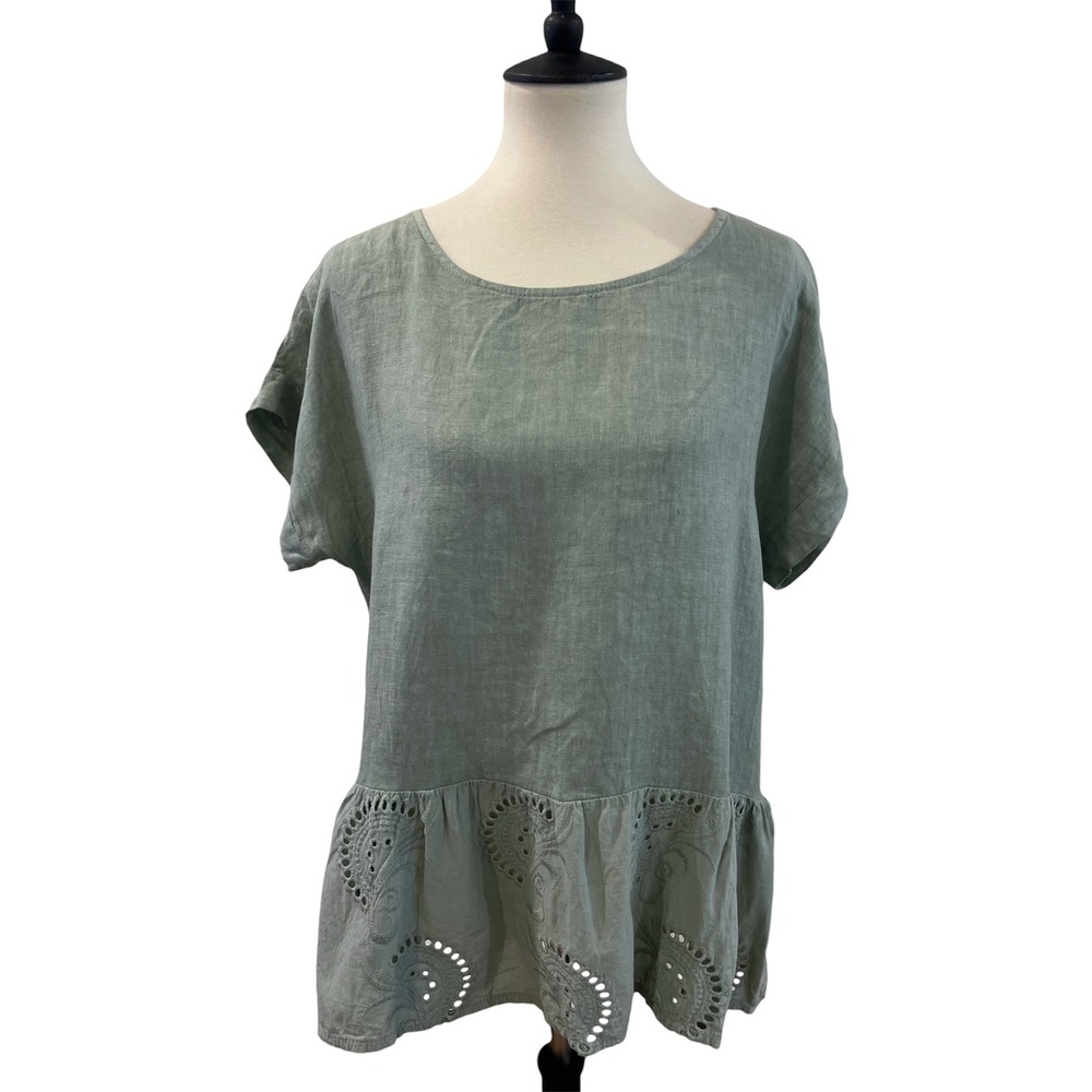 Terzo Millennio Linen Top Embroidered Drop Hem Relaxed Blouse Sz Medium